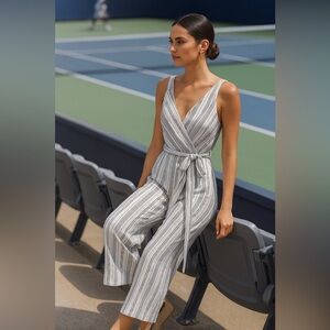 Sienna Sky Striped Wrap Cropped Jumpsuit In Grey/White – Size Large